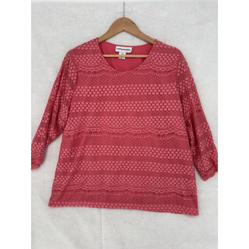 Cathy Daniels Coral Crochet Knit 3/4 Sleeve Blouse Women's XL Pull Over Casual